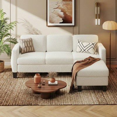 Mała sofa narożna w kształcie L z pufą ze schowkiem, biała, tkanina typu „teddy”