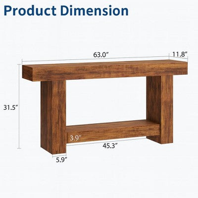 Drewniana konsola w stylu farmhouse, 2 poziomy, z półką na przechowywanie