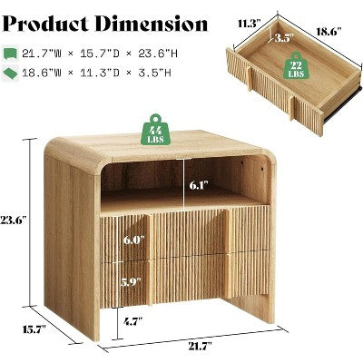 Zestaw 2 nowoczesnych szafek nocnych z szufladą, otwartą półką i ryflowanym frontem, dąb