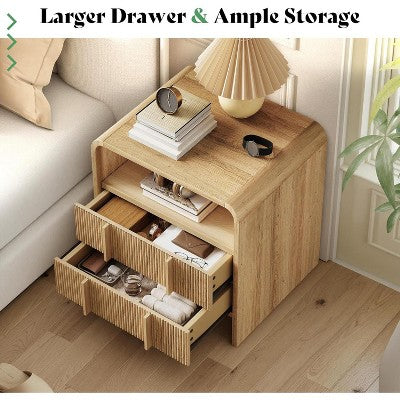 Zestaw 2 nowoczesnych szafek nocnych z szufladą, otwartą półką i ryflowanym frontem, dąb